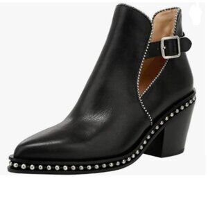 Black Studded Chunky Heeled Ankle Booties Pumps Almond Toe Buckle Strap Boot